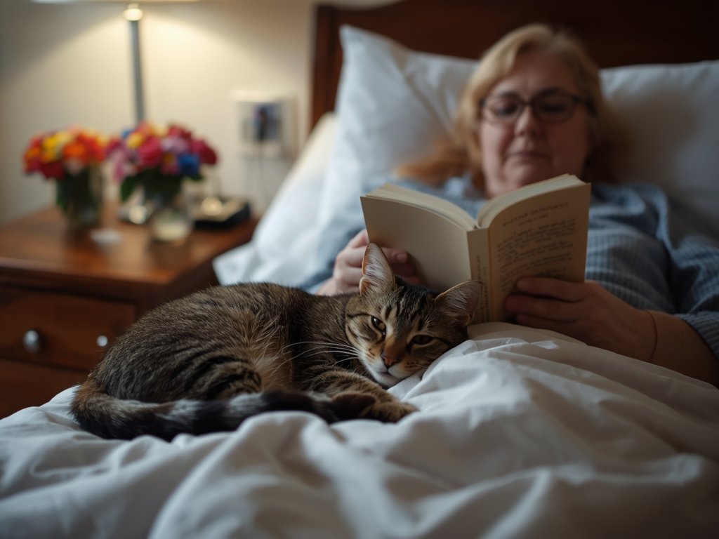 A heartwarming scene of the tabby cat curled up on