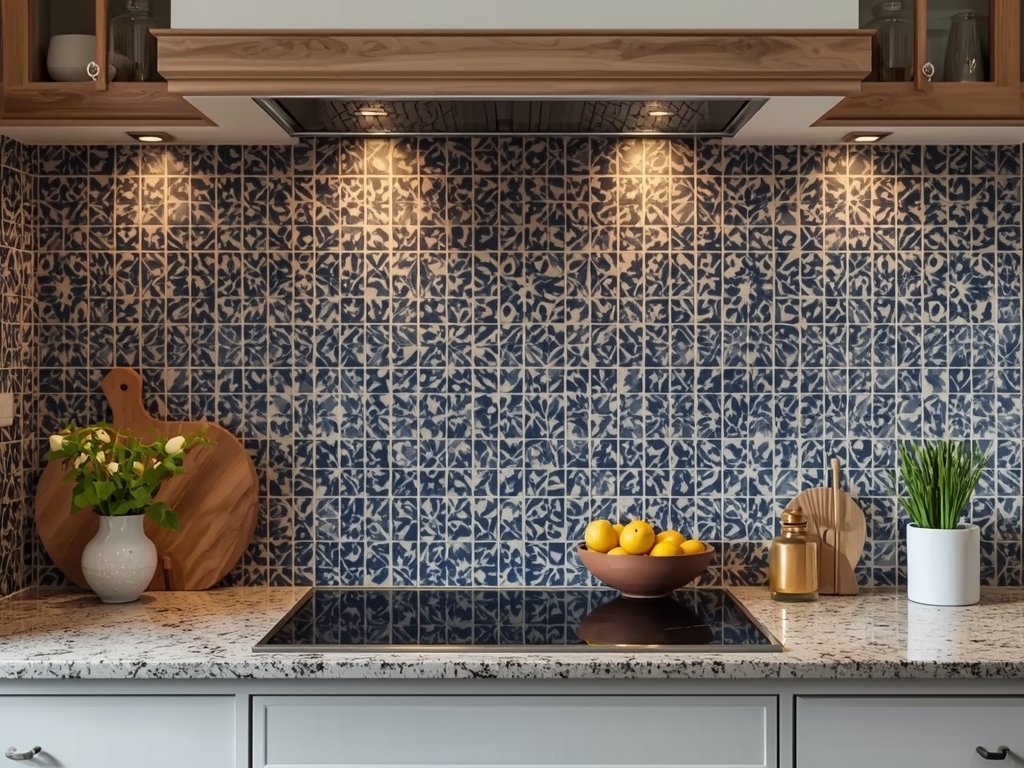A kitchen backsplash featuring intricate mosaic tiles in shades of
