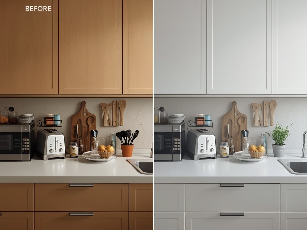 A kitchen counter before and after decluttering. The before image