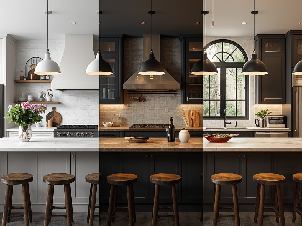 A kitchen counter styled in three different themes: minimalist, rustic,