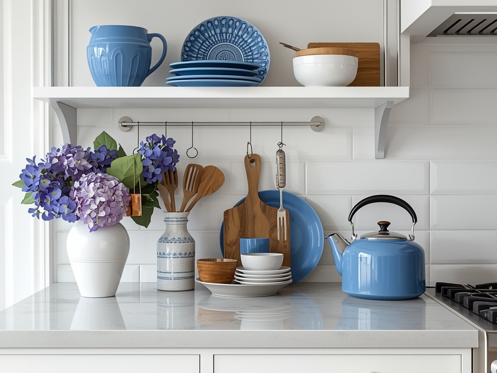 A kitchen counter with a color-coordinated display: blue accents in