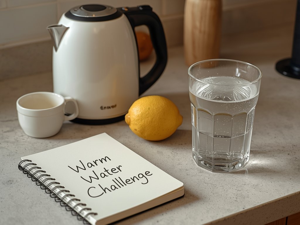 A kitchen counter with a kettle, a glass, and a