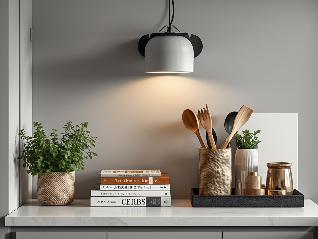 A kitchen counter with carefully curated items: a potted herb