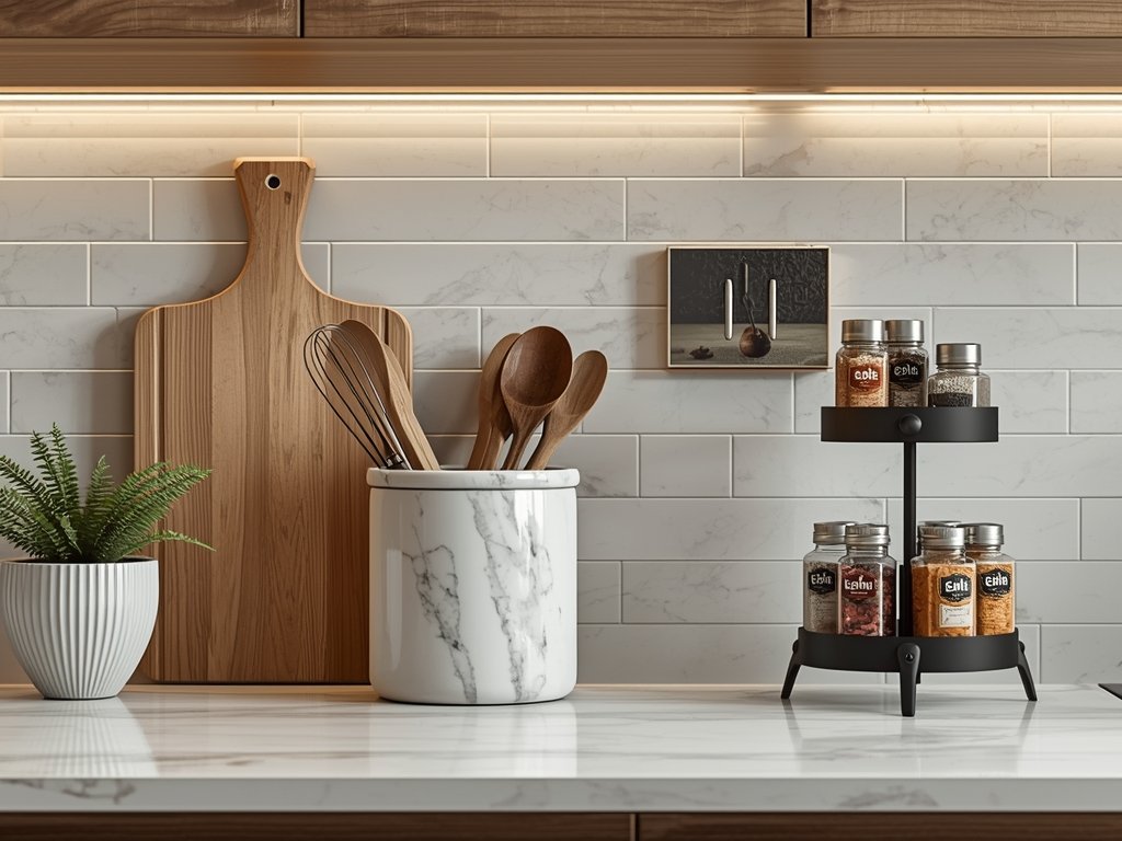 A kitchen counter with functional decor: a marble cutting board,