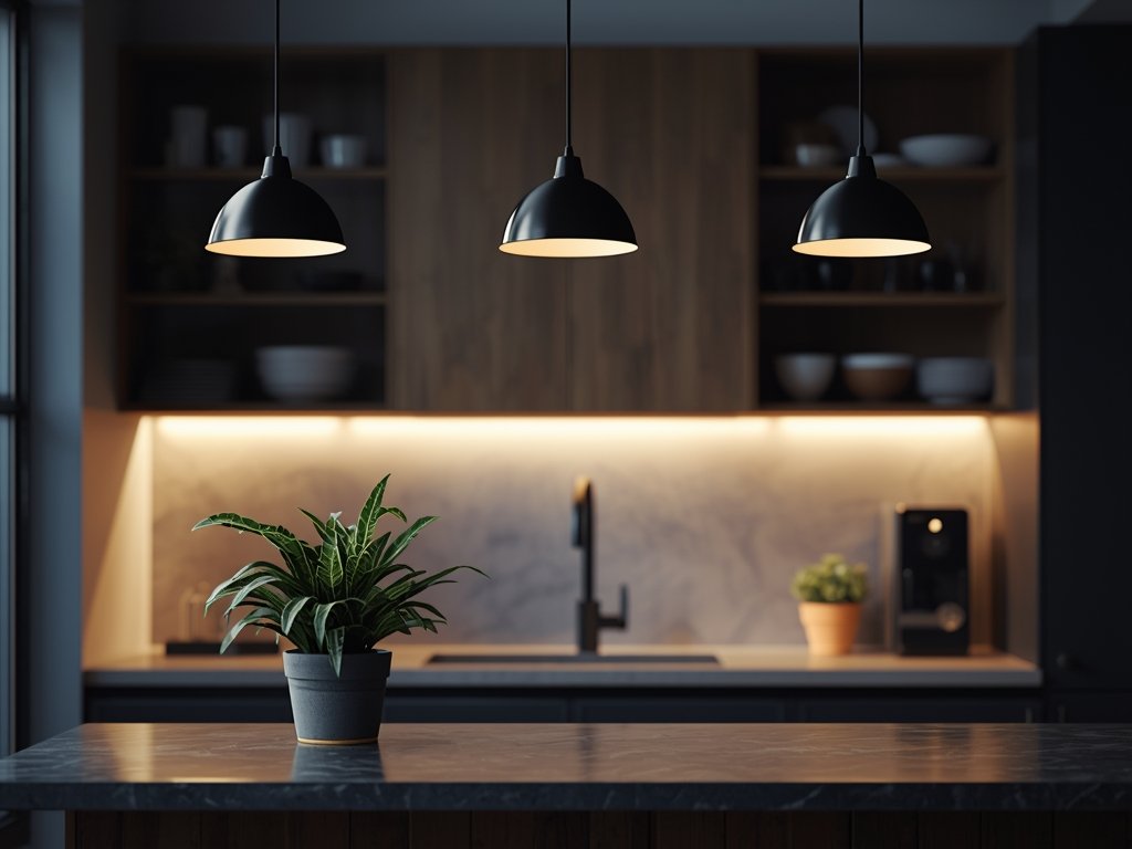 A kitchen counter with pendant lights hanging above, soft glow
