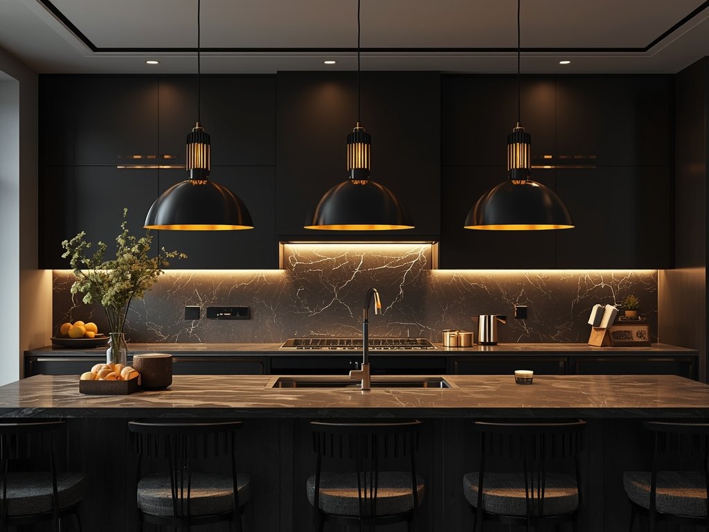 A kitchen island illuminated by three sleek, black pendant lights