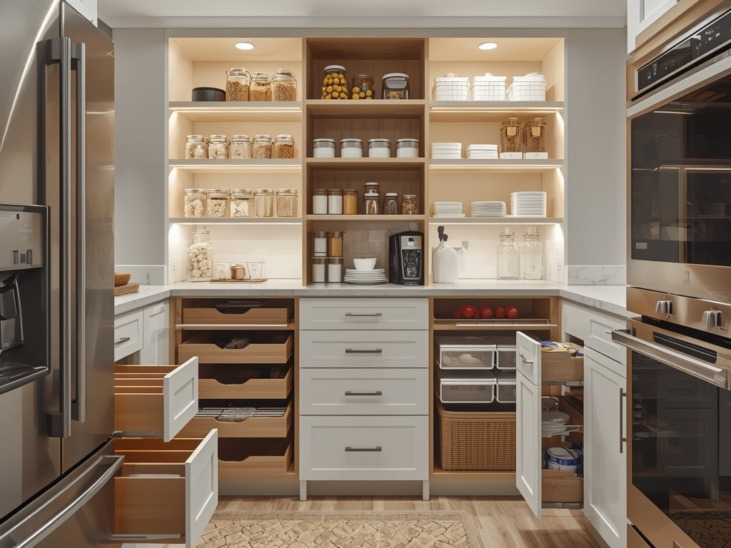 A kitchen pantry with pull-out drawers, lazy Susans, and vertical