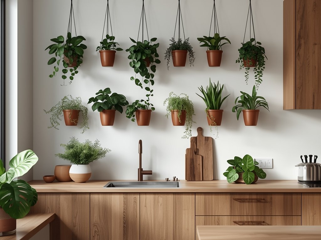 A kitchen wall with hanging planters filled with lush green