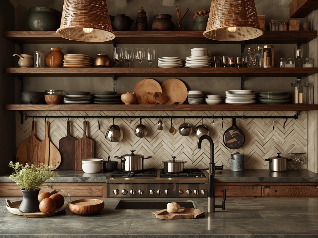 A kitchen with a herringbone tile backsplash, open shelving, and