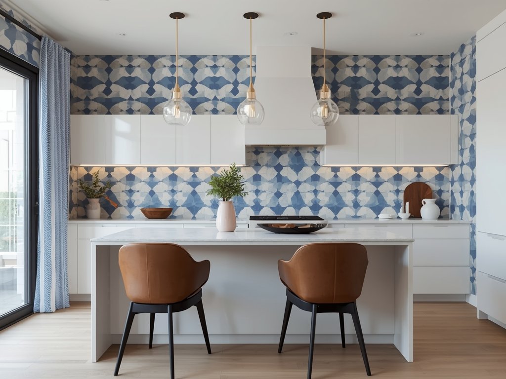 A kitchen with bold, geometric wallpaper in shades of blue