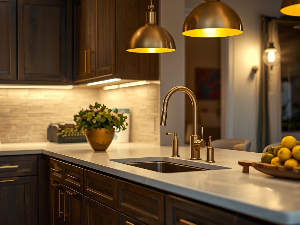 A kitchen with brushed gold cabinet handles, faucet, and pendant
