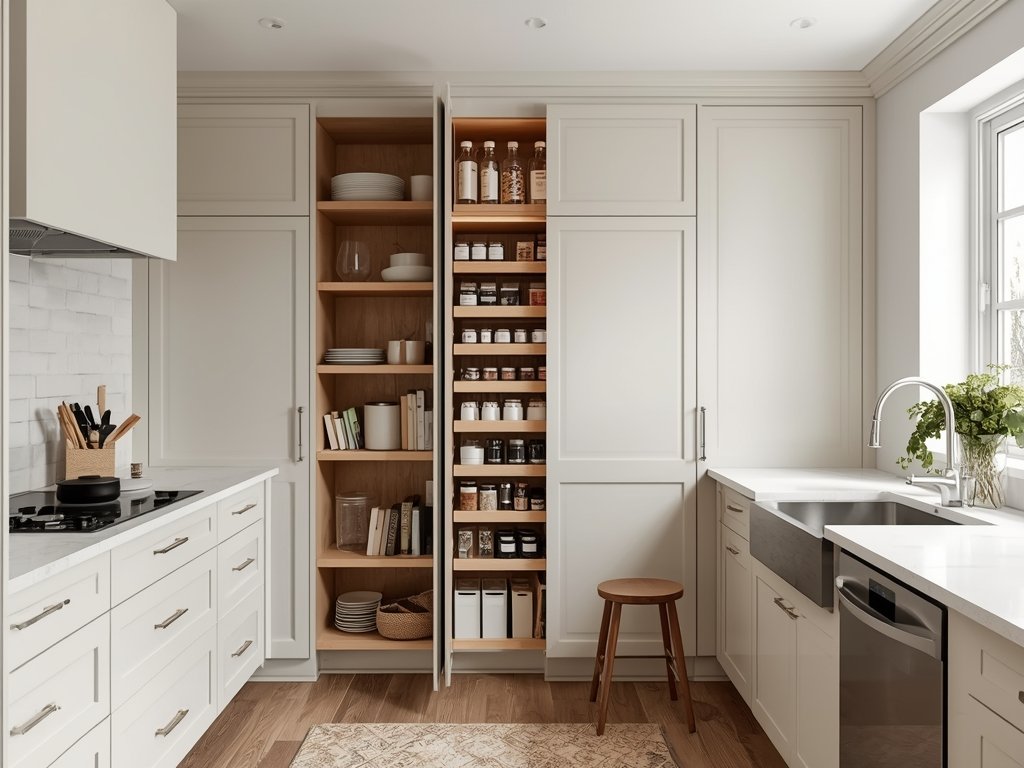 A kitchen with floor-to-ceiling cabinets, pull-out pantry shelves, and hidden