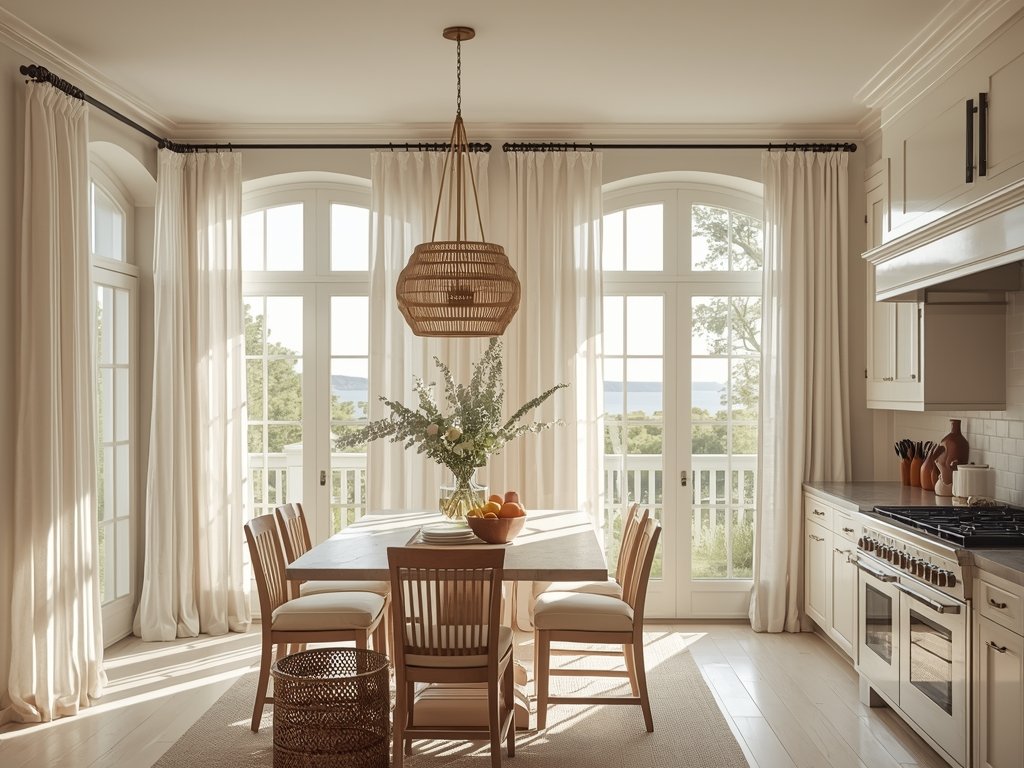 A kitchen with large windows, sheer curtains, and a bright,