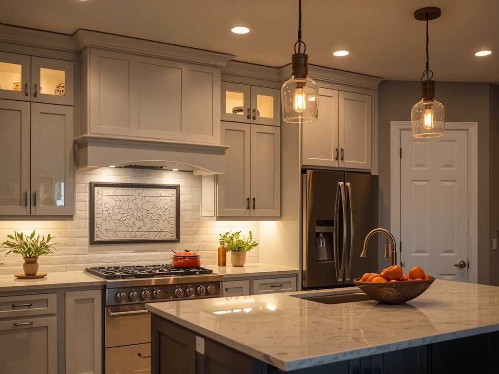 A kitchen with recessed lighting, under-cabinet lights, and pendant fixtures.