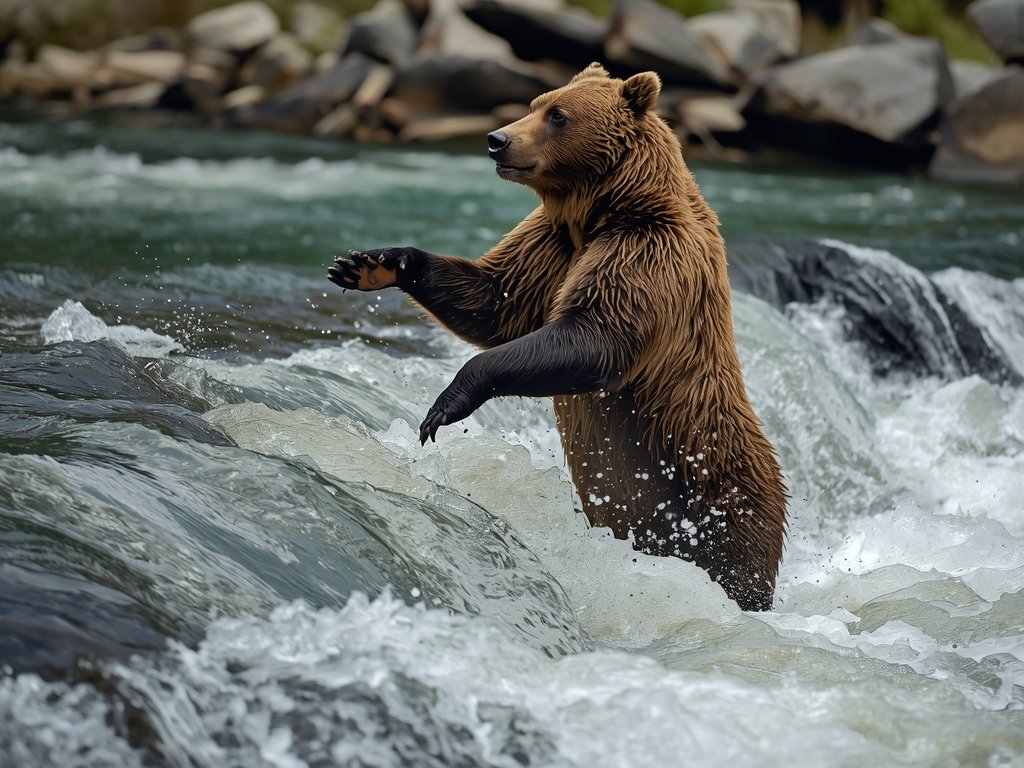 A large brown bear standing on its hind legs in