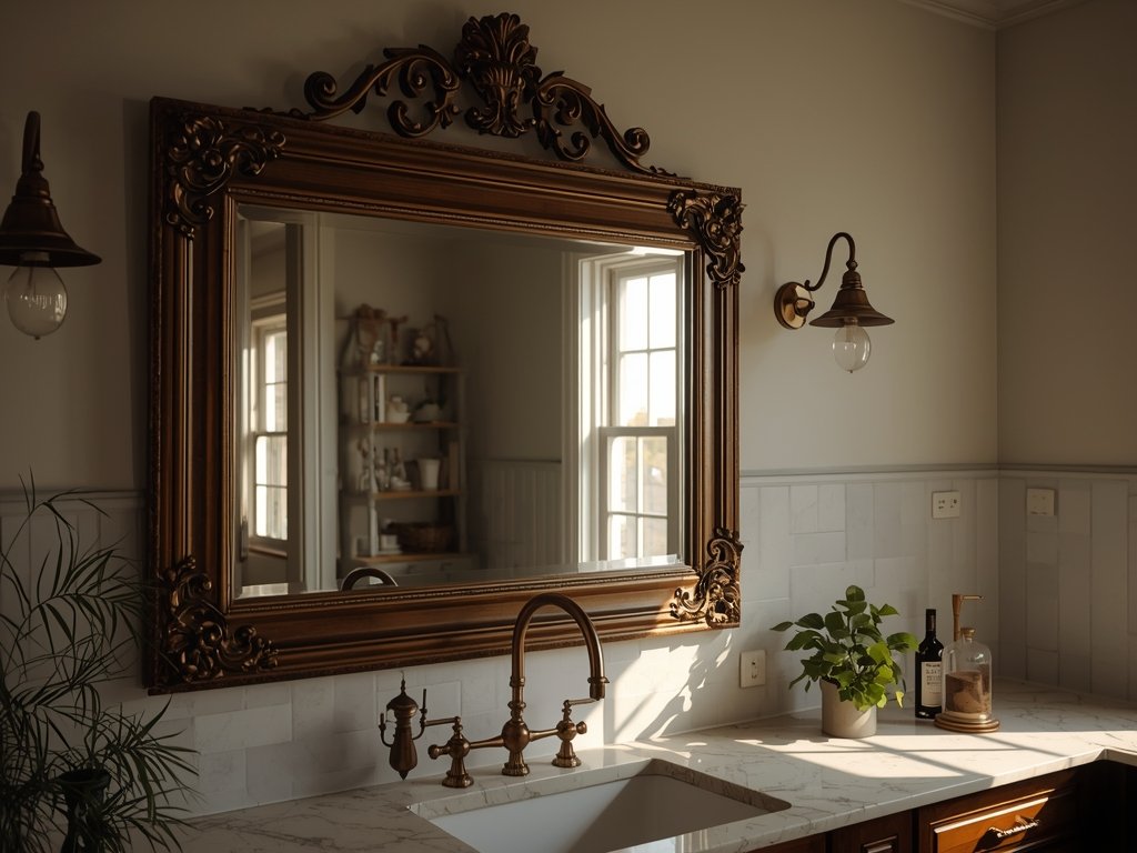 A large, ornate mirror hanging above a kitchen sink, reflecting