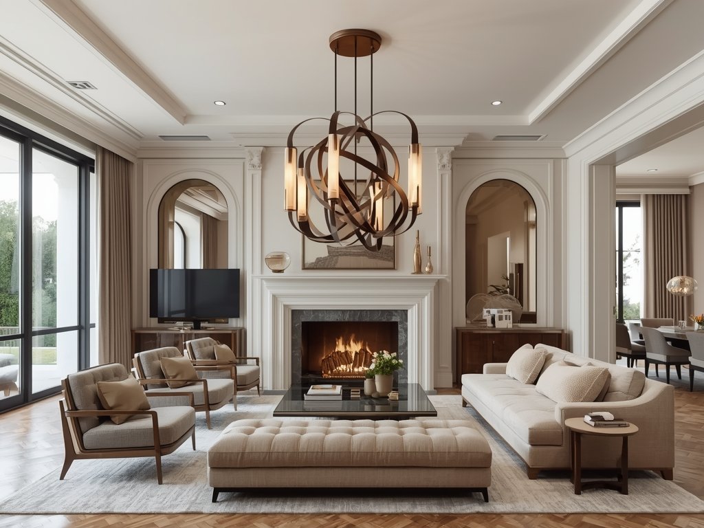 A living room featuring a large, modern chandelier as the