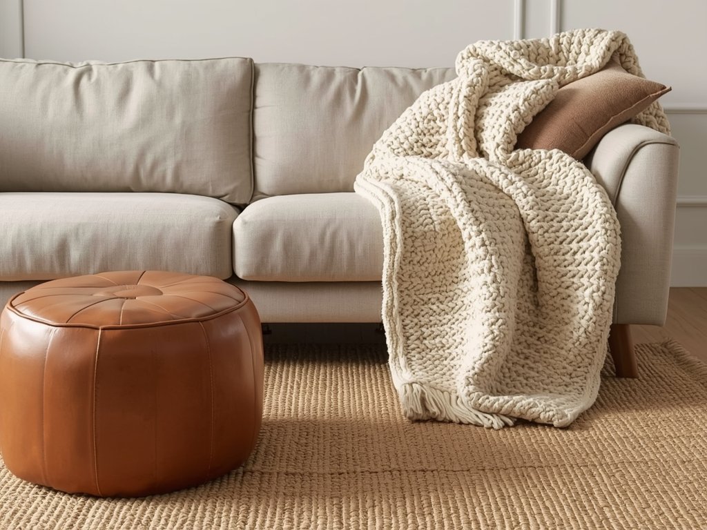 A living room with a neutral color scheme, featuring a