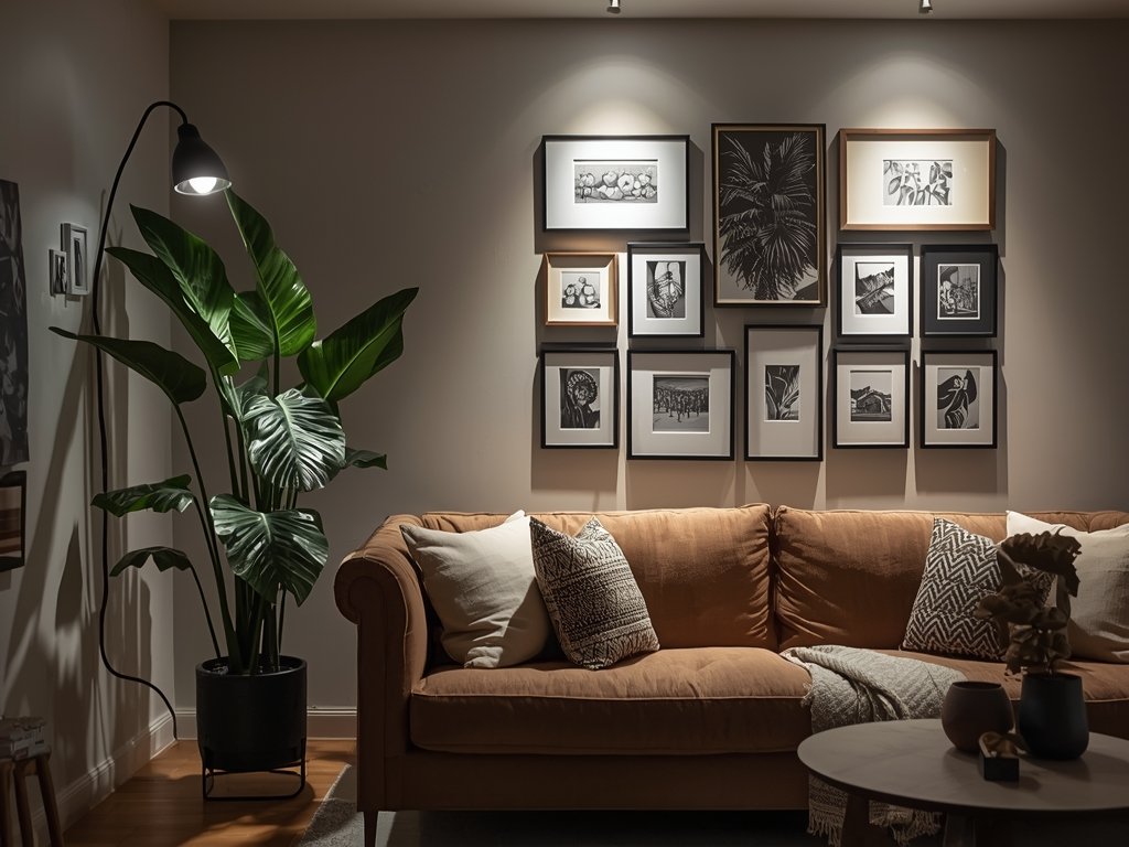 A living room with accent lighting spotlighting a large houseplant