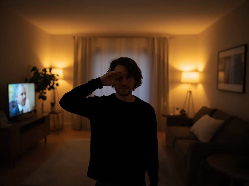 A living room with harsh, overly bright lighting, illustrating a