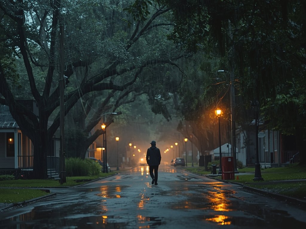 A lone figure walking down a rainy, tree-lined street in