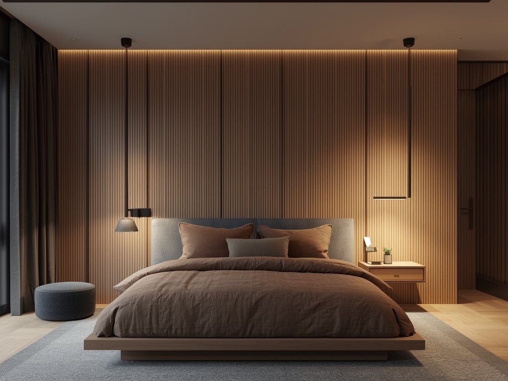 A low-profile platform bed with built-in storage drawers, paired with