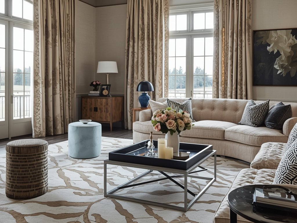 A luxurious living room with a large, patterned area rug,
