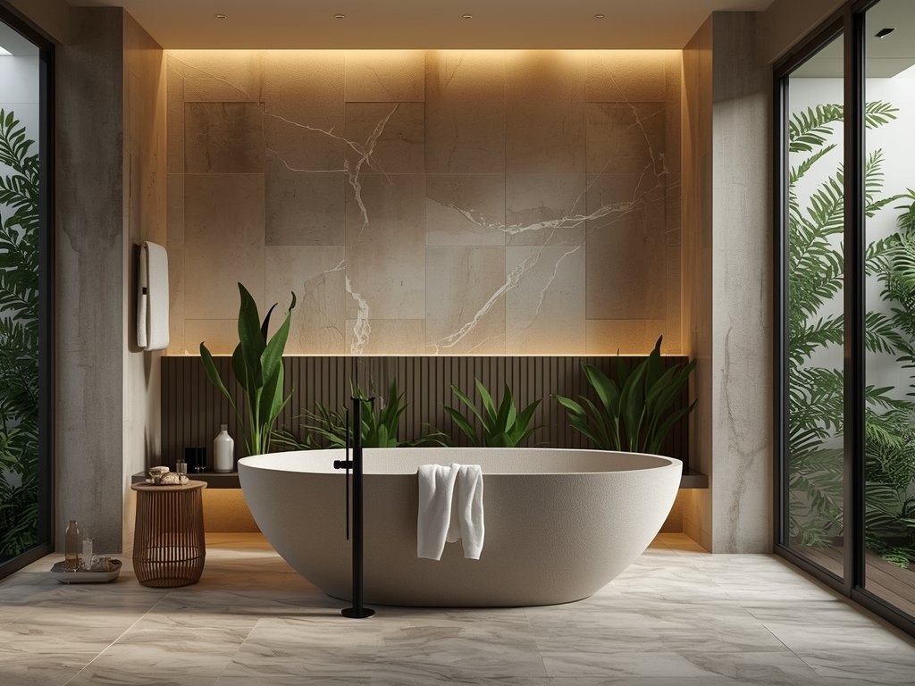 A luxurious spa-style bathroom with a freestanding tub, lush greenery,