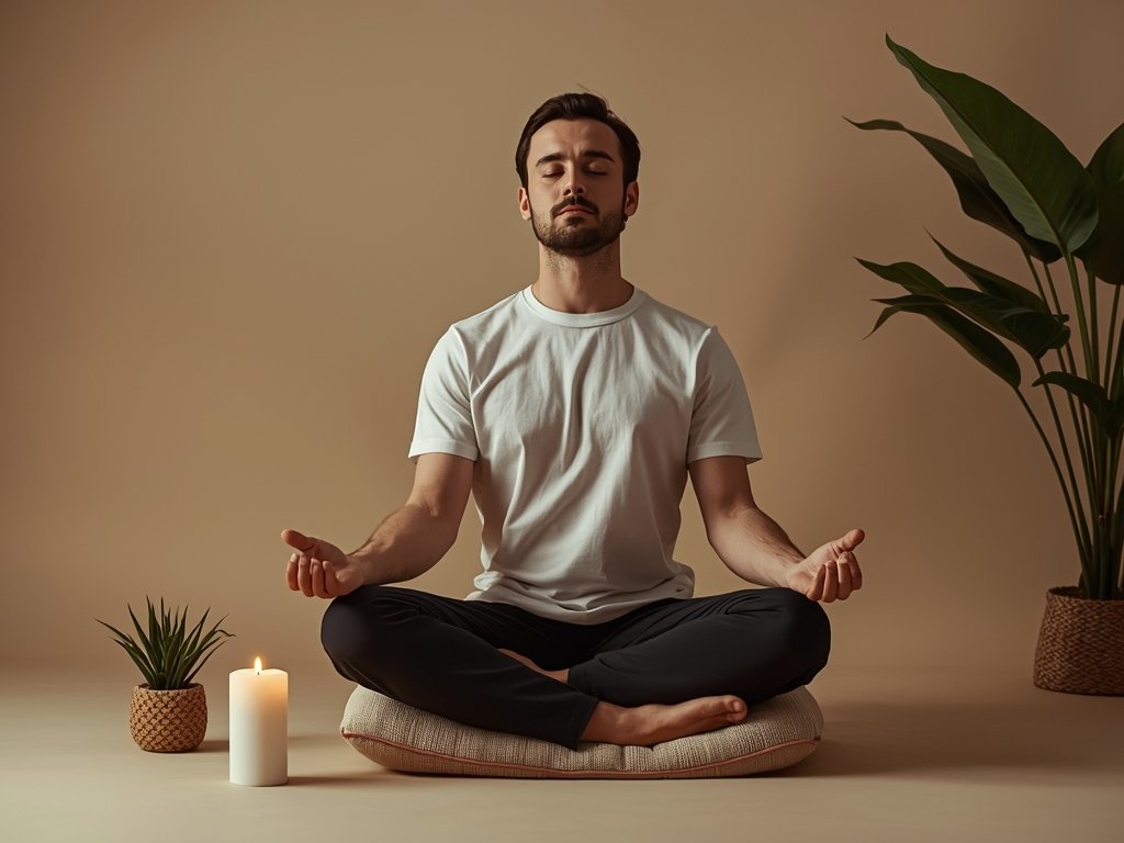 A man sitting cross-legged on a meditation cushion, eyes closed,
