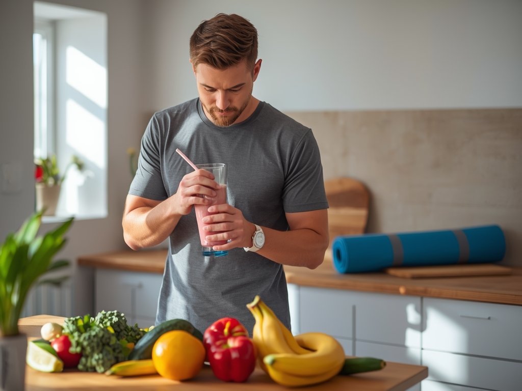 A man standing in a sunny kitchen, preparing a smoothie