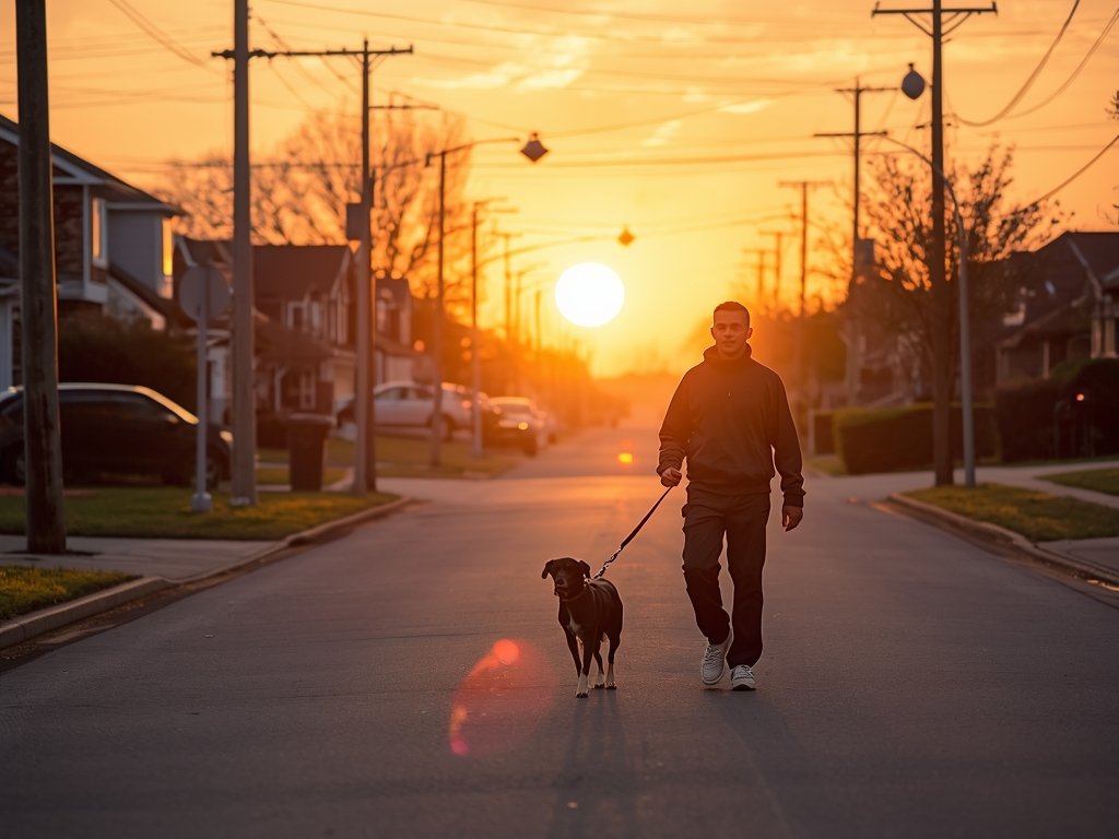 A man walking his dog in a suburban neighborhood, with