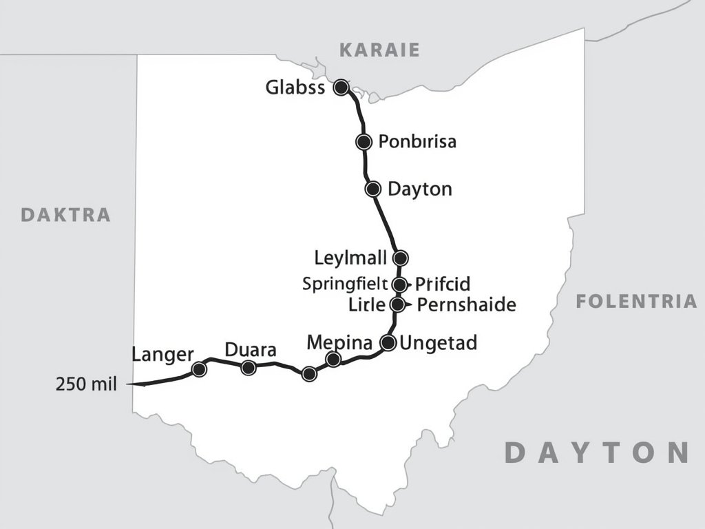 A map of Ohio with a highlighted route from Springfield