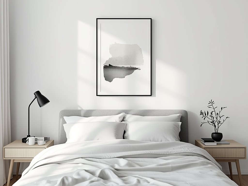 A minimalist bedroom with a single piece of abstract wall