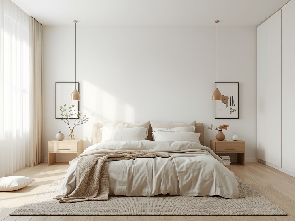 A minimalist bedroom with clean lines, minimal decor, and strategically