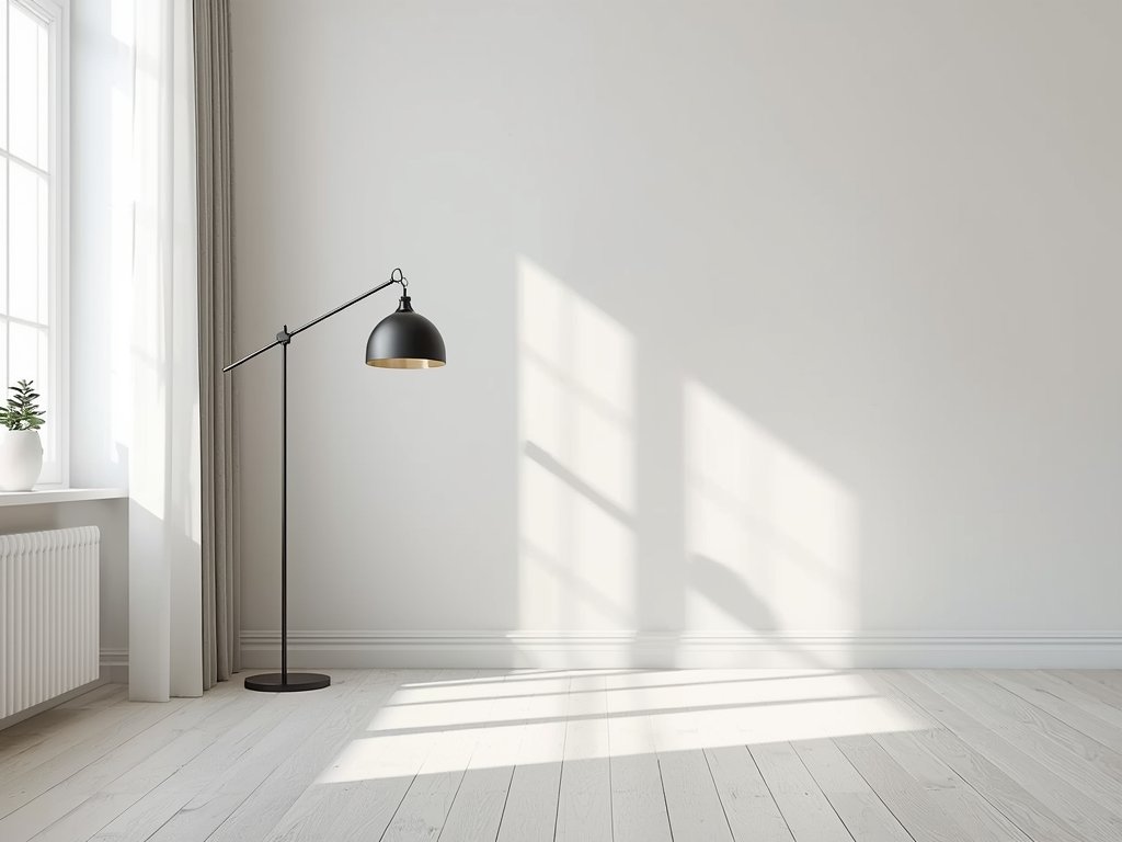 A minimalist living room bathed in soft, natural light with