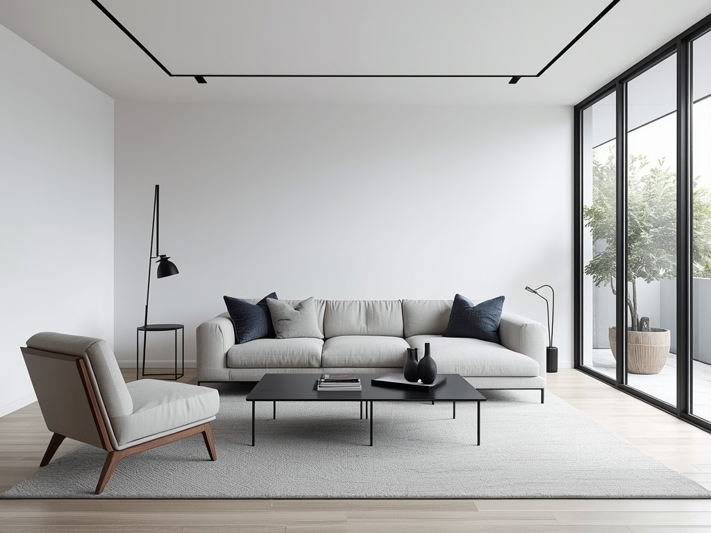 A minimalist living room featuring a sleek sofa, a low-profile