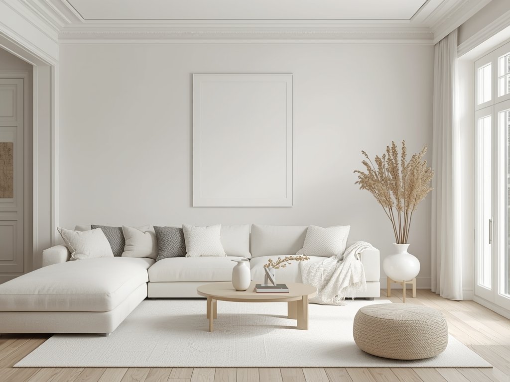 A minimalist living room with a soft, neutral color palette