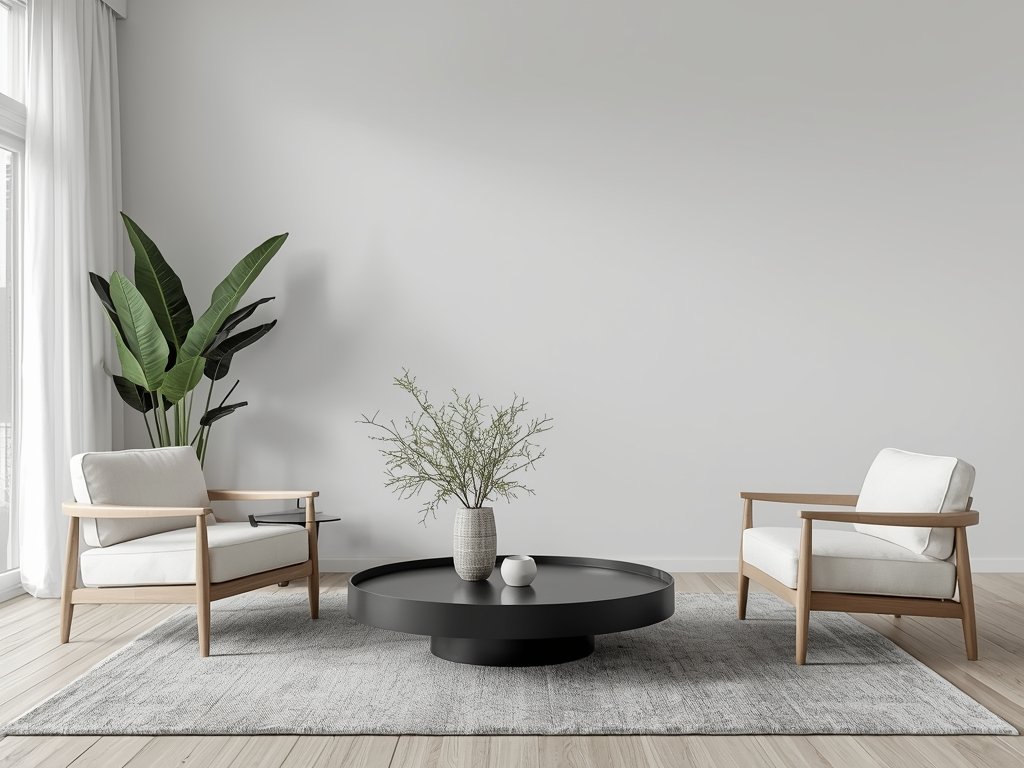 A minimalist living room with neutral colors, showcasing a gray