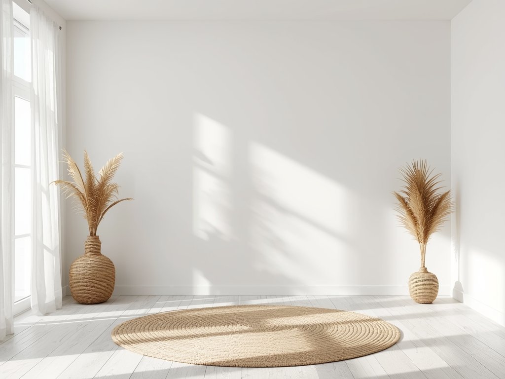 A minimalist living room with white walls, light wood flooring,