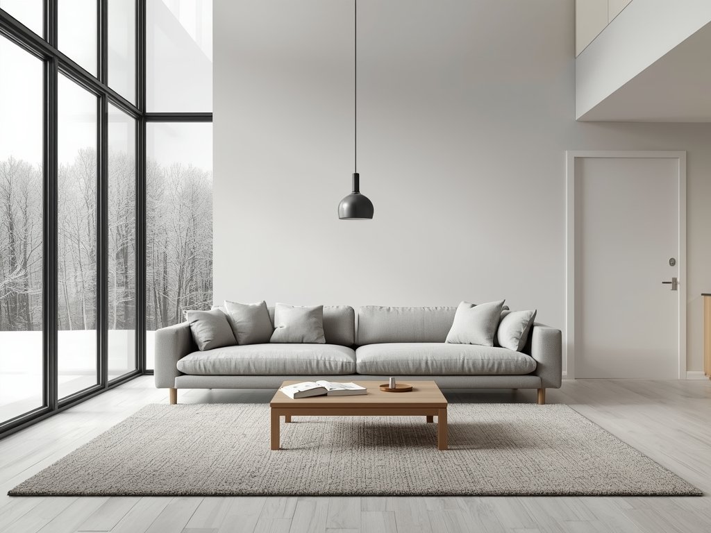 A minimalist Scandinavian living room featuring a sleek, low-profile sofa