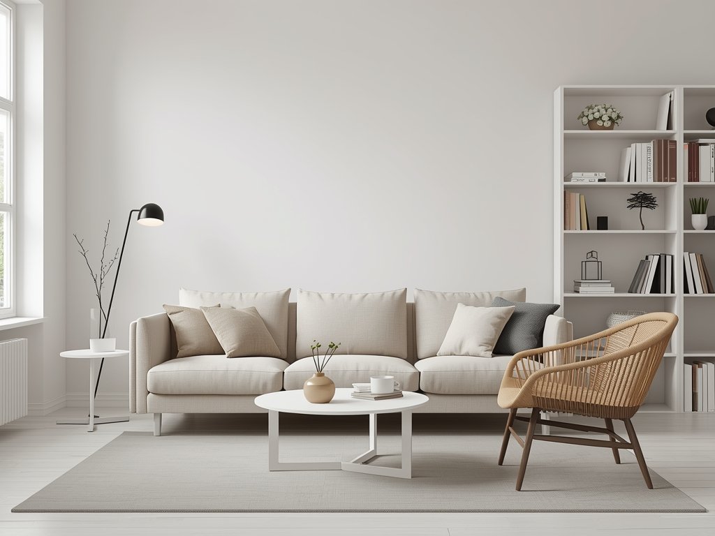 A minimalist Scandinavian living room with only essential furniture: a