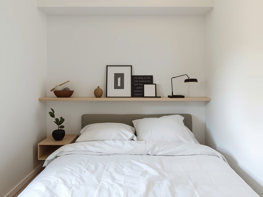 A minimalist small bedroom with a neatly made bed, a