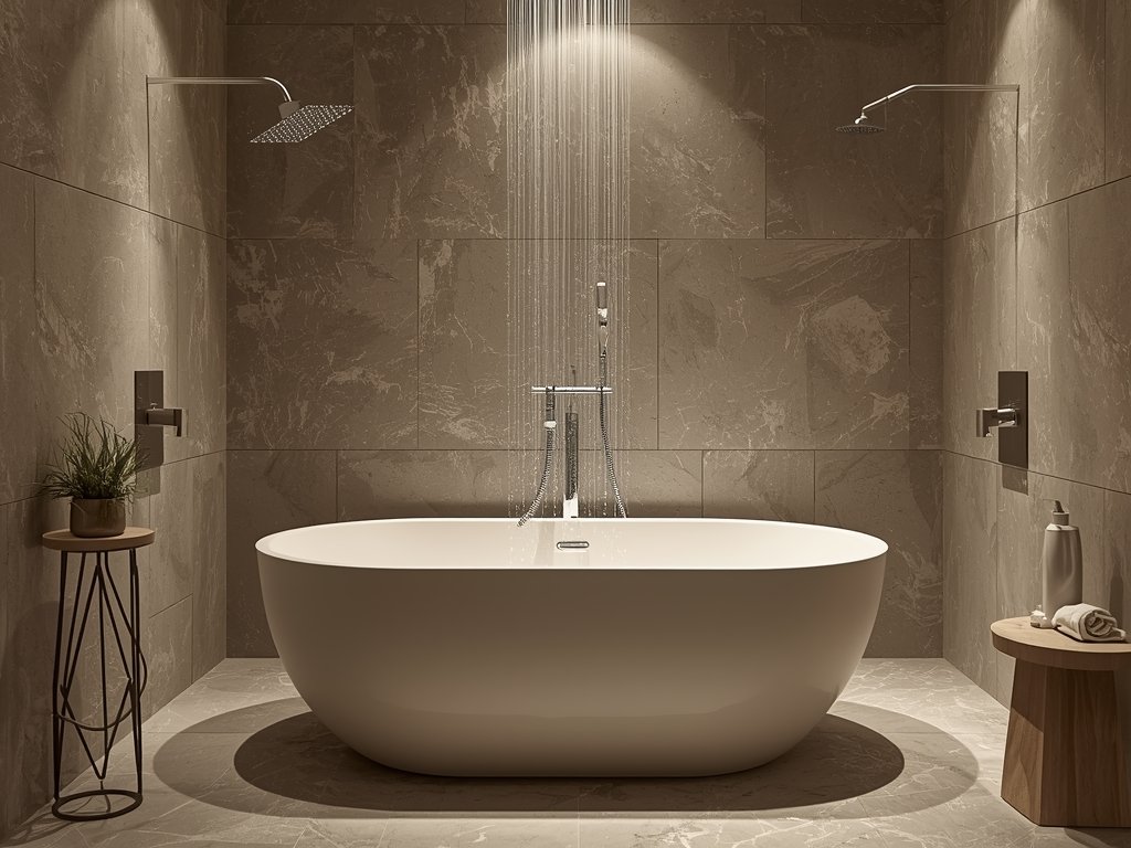 A modern bathroom featuring a freestanding soaking tub, a wall-mounted