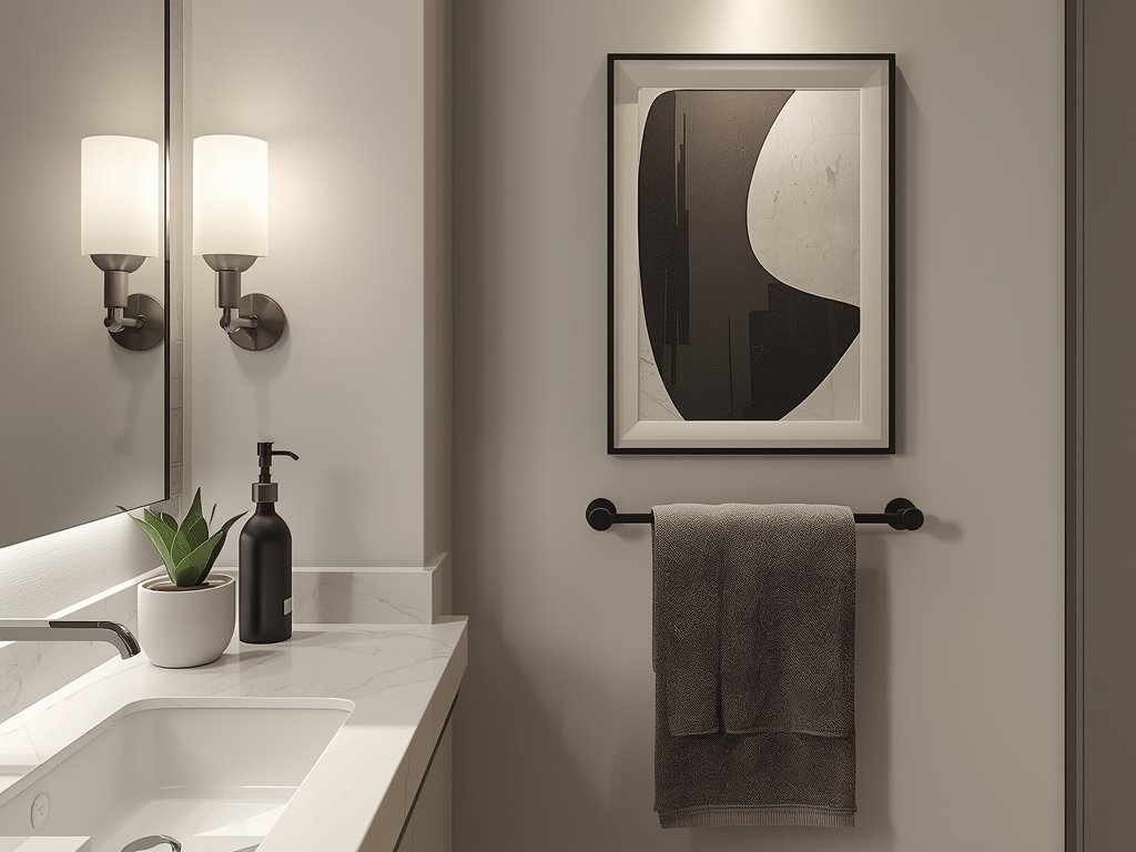 A modern bathroom styled with a minimalist soap dispenser, a