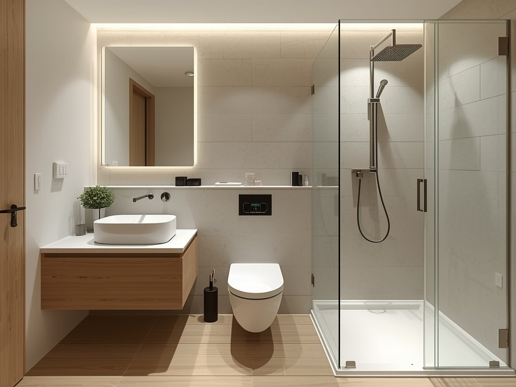 A modern bathroom with a floating vanity, wall-mounted toilet, and
