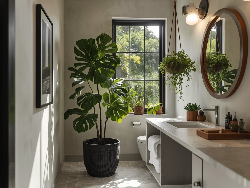 A modern bathroom with a large potted fiddle leaf fig