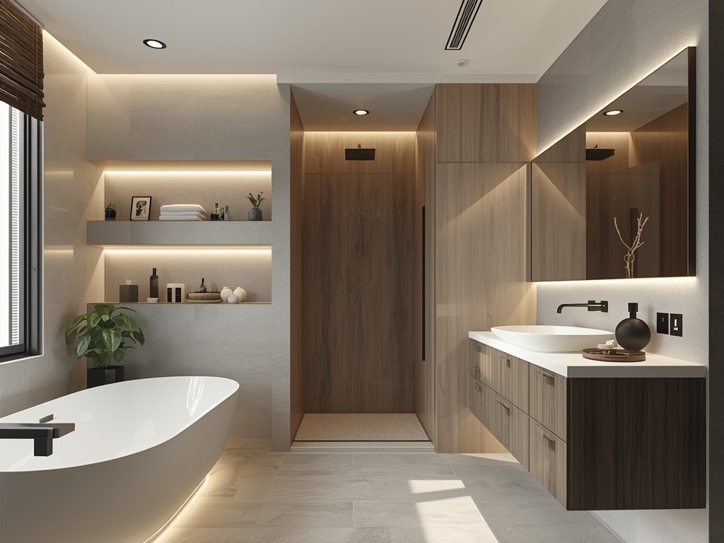 A modern bathroom with built-in recessed shelves in the shower,