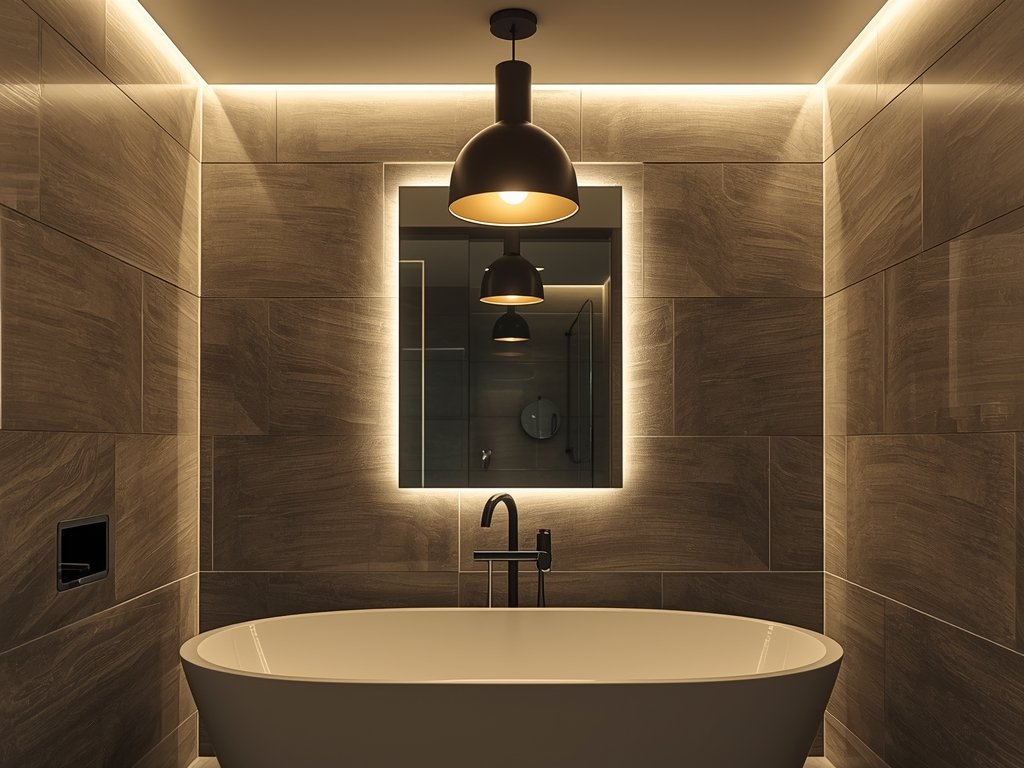 A modern bathroom with layered lighting—recessed ceiling lights, a sleek