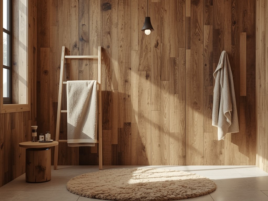 A modern bathroom with textured wood paneling on one wall,