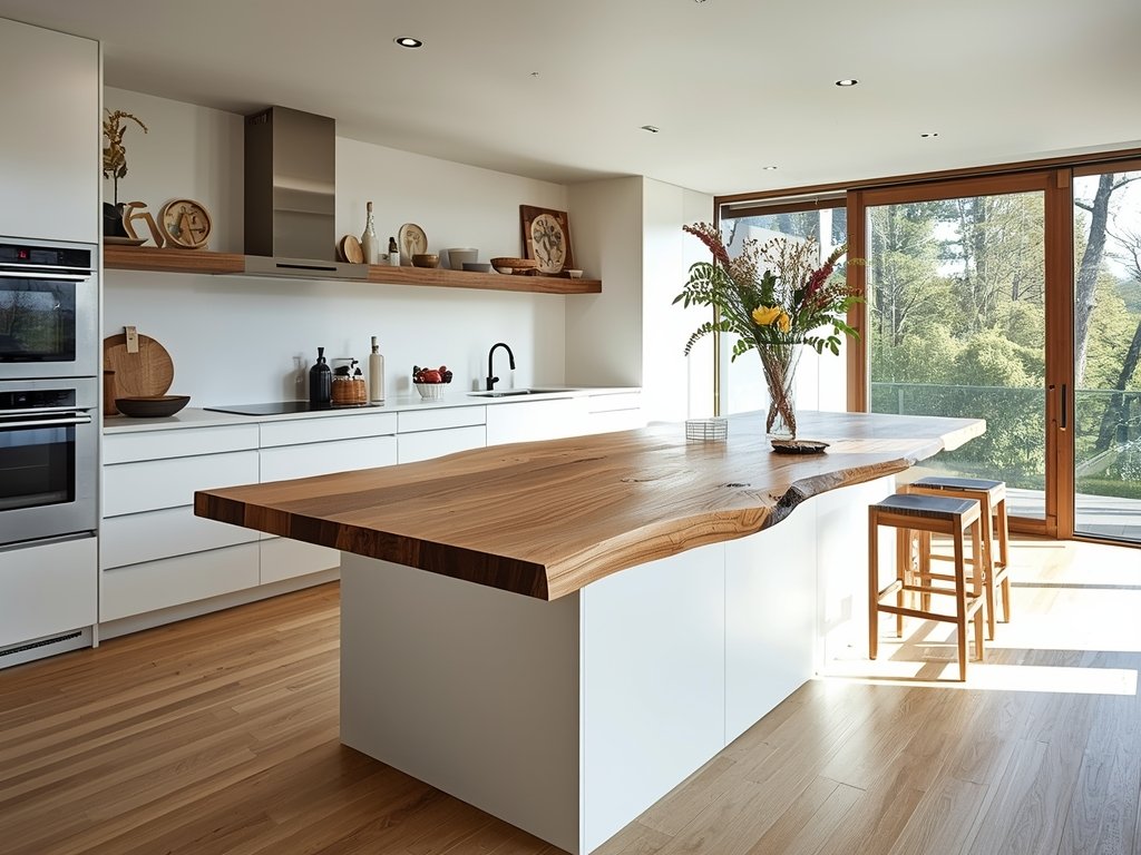 A modern kitchen with a live-edge wood countertop on a
